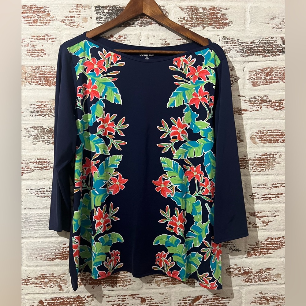 Lands End Floral Navy Shirt Nylon 3/4 Sleeve Size 1X